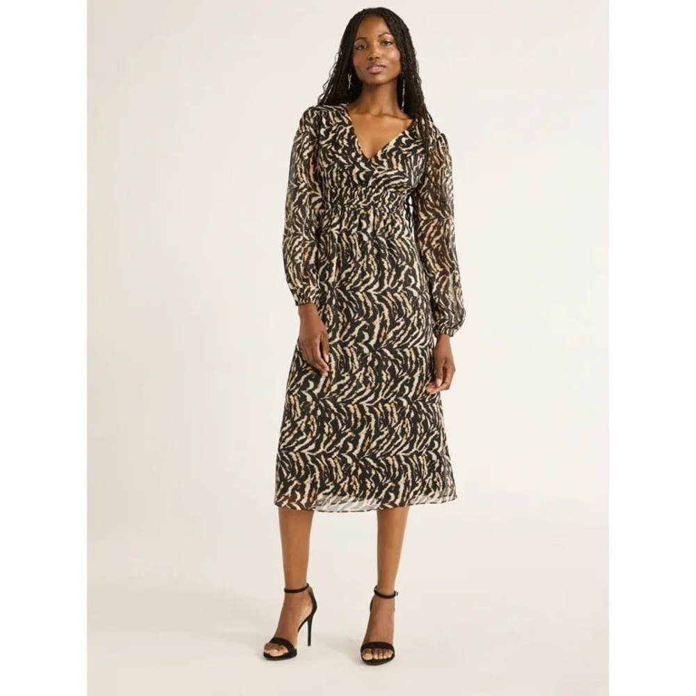 Sofia Vergara Women's Empire V-Neck Surplice Long Sleeve Animal Print Midi Dress